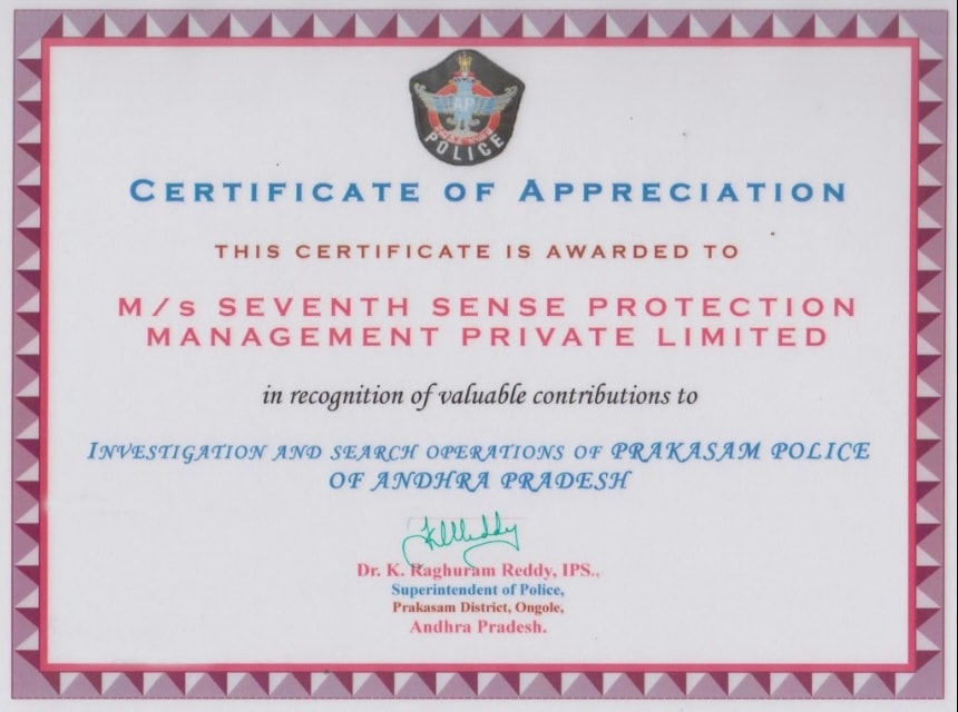 Certificate of Appreciation from Prakasam Police, Andhra Pradesh